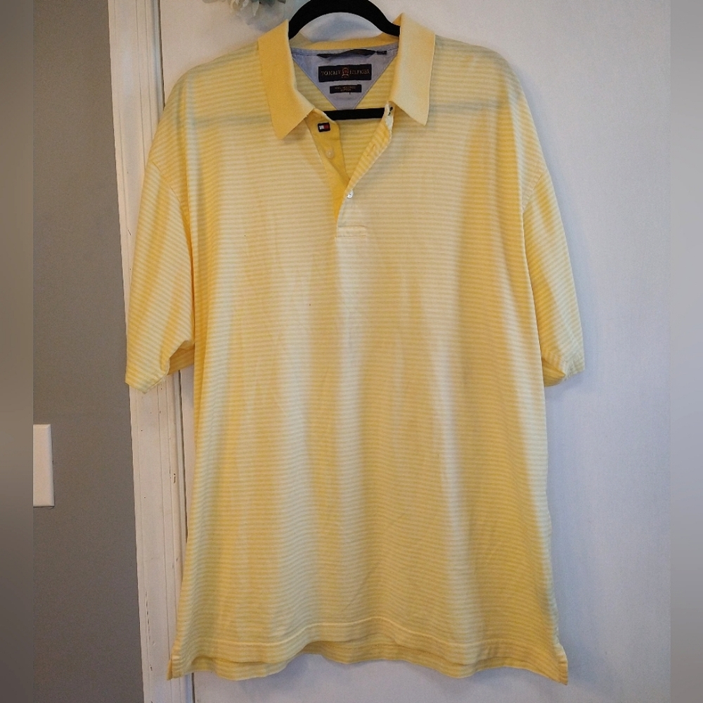 Vintage Y2K 2000's Tommy Hilfiger Golf Yellow Striped Polo Shirt